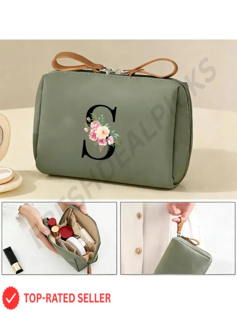 Personalized Floral Initial Makeup Bag, Travel Toiletry Pouch with Zipper